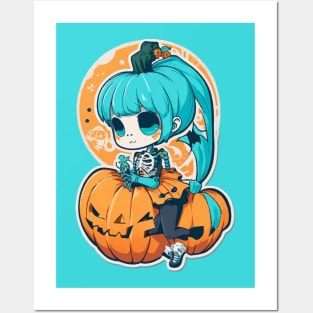 Halloween Skeleton Kawaii Girl Posters and Art